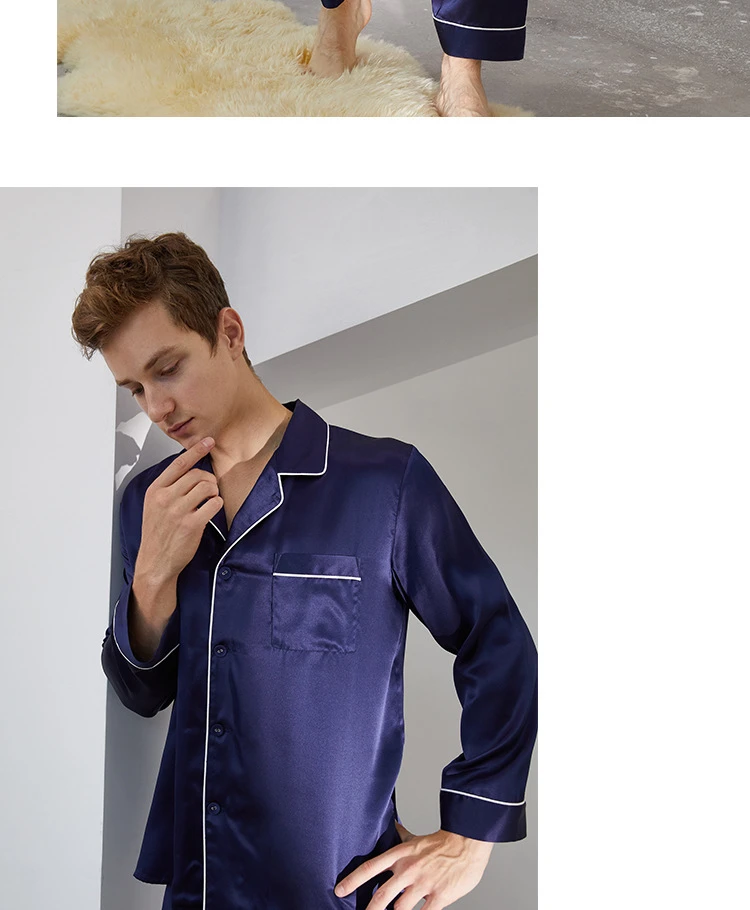 mens christmas pjs Men's Long Sleeve Trousers Silk Pajamas Set Summer 100% Mulberry Silk Home Clothes AvailableM ale men's pajama sets