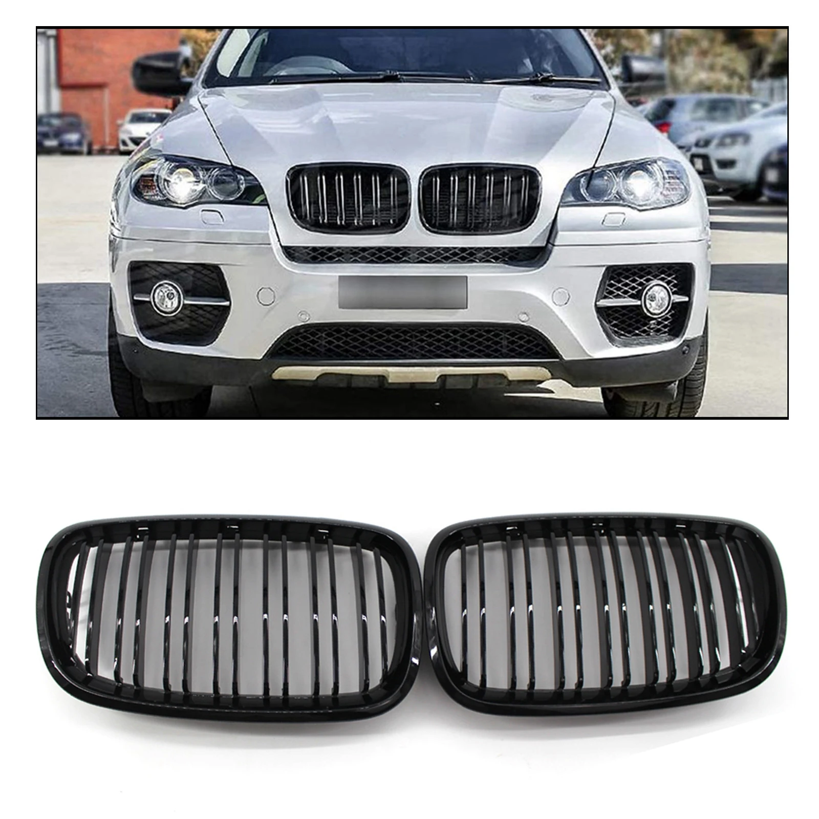 Black Front Kidney Double Line Grill Grille for BMW X5 E70 E71 2007 2008 2009 2010 2011 2012 2013, ABS Gloss Black Grill Set