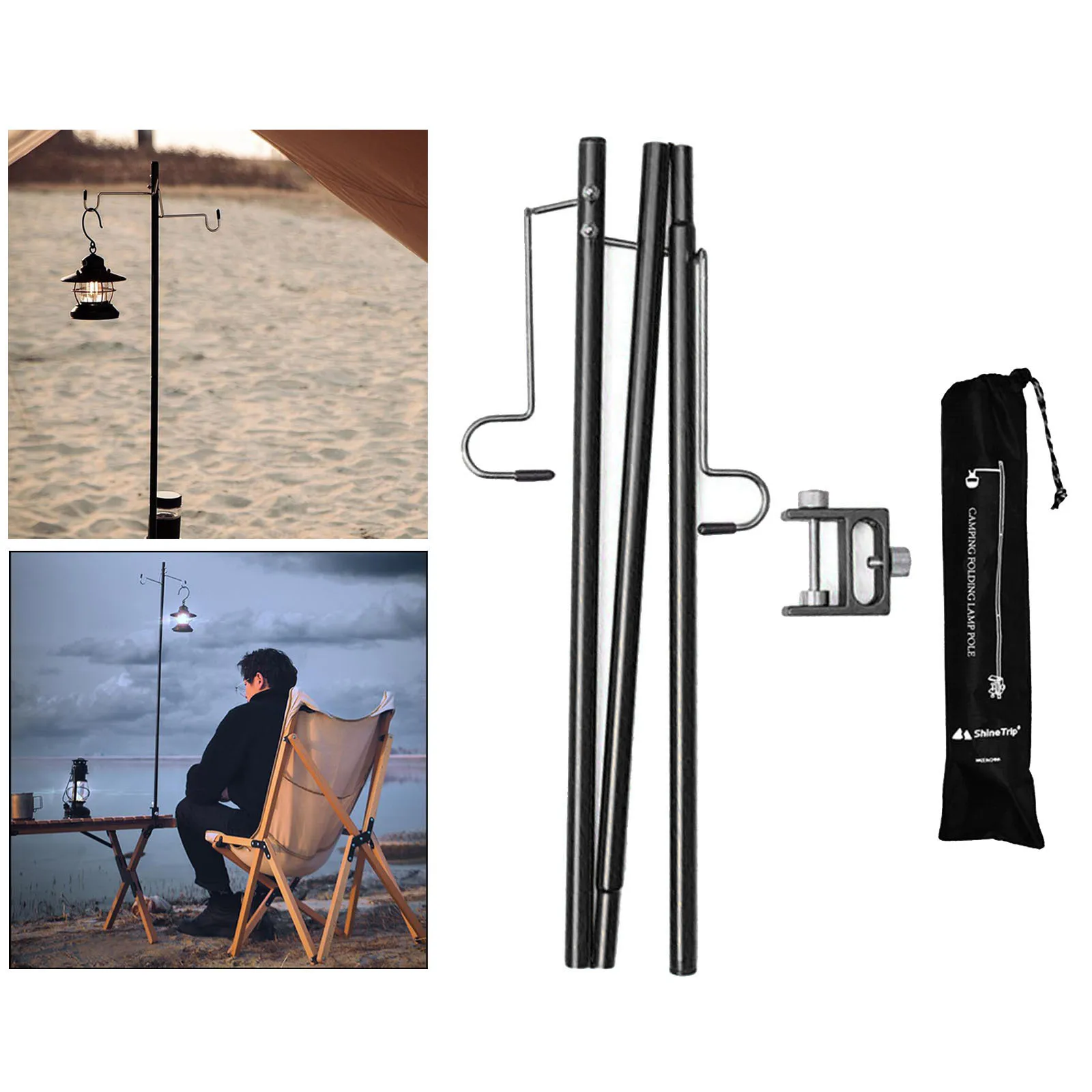Outdoor Folding Dual Hook Camping Lamp Pole Kit Desktop Fixing Detachable Lantern Stand Camping Tent Light Holder Hangers