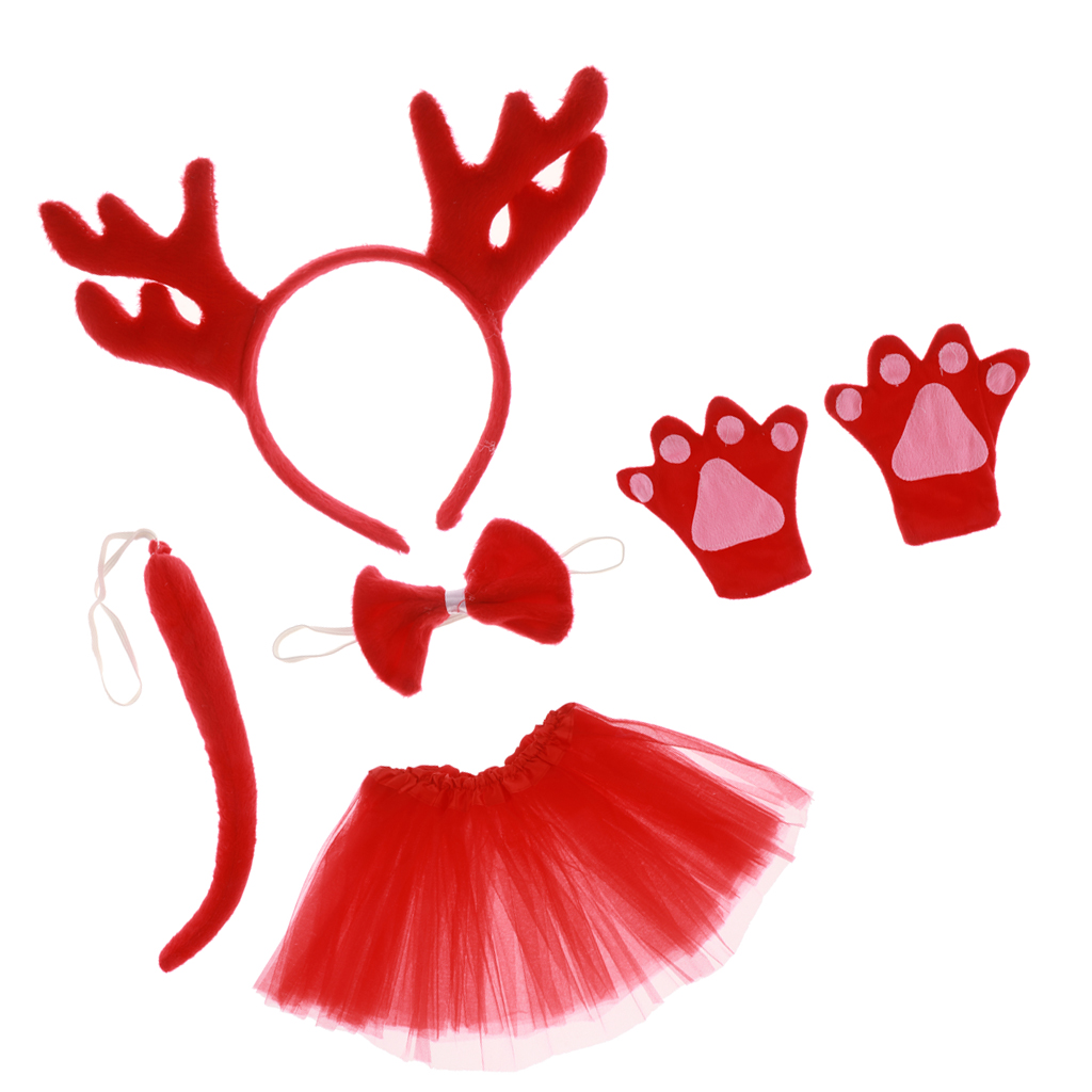 Pack of 5 Reindeer Headband Bow Tie Tail Gloves Tutu Skirt Animal Cosplay Fancy Dress