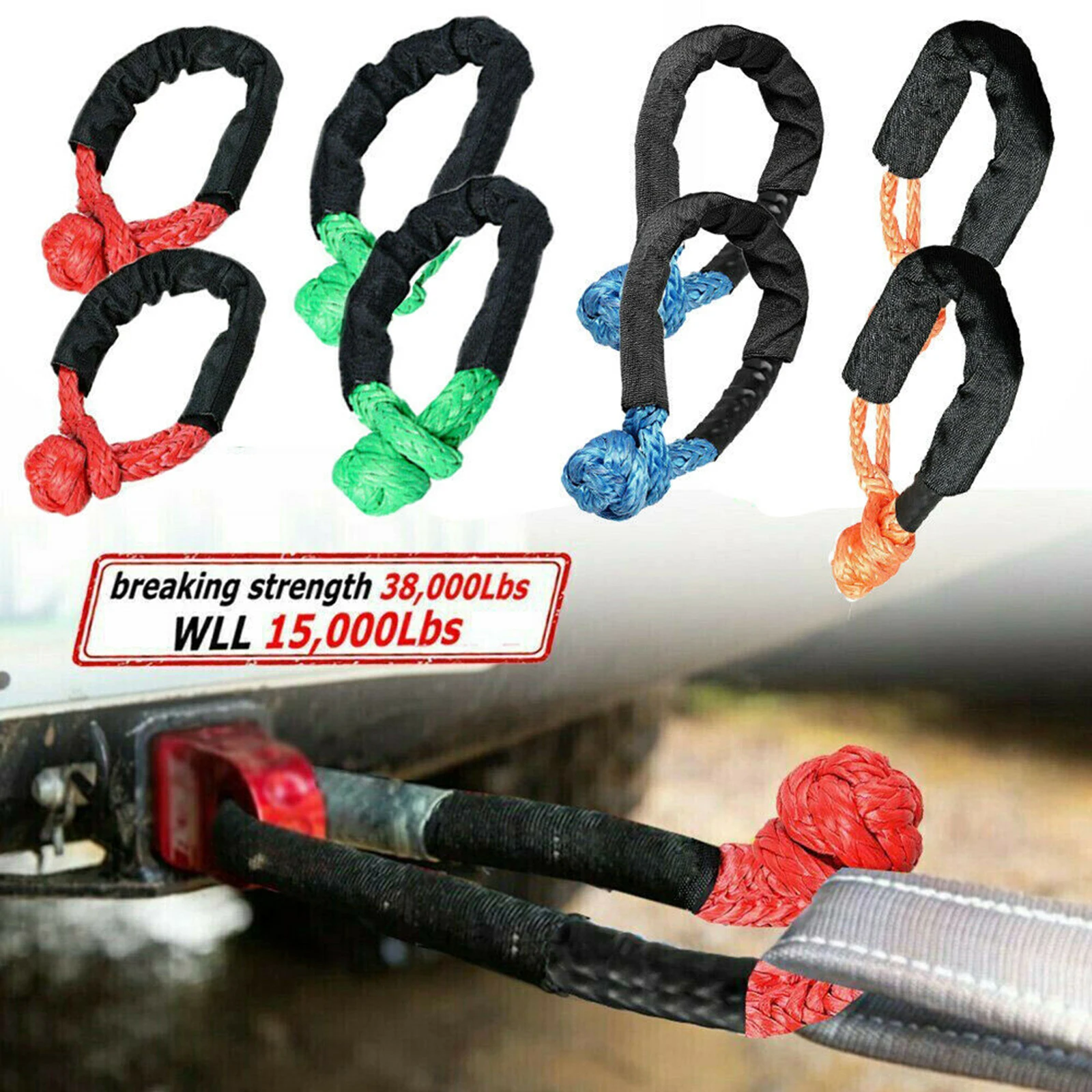 2pcs Durable Synthetic Soft Rope Shackle Recovery Rope for SUV Jeep Off Road Climbing Towing Boating