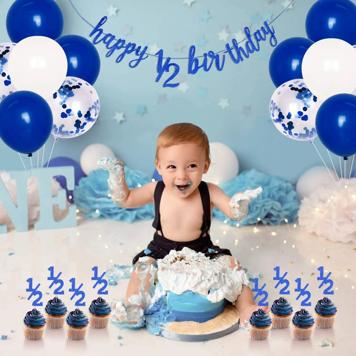 Blue Half Birthday Supplies Balloons Set Happy 1 2 Birthday Banner Cake Topper For Boys 6 Months Birthday Party Decorations Ballons Accessories Aliexpress