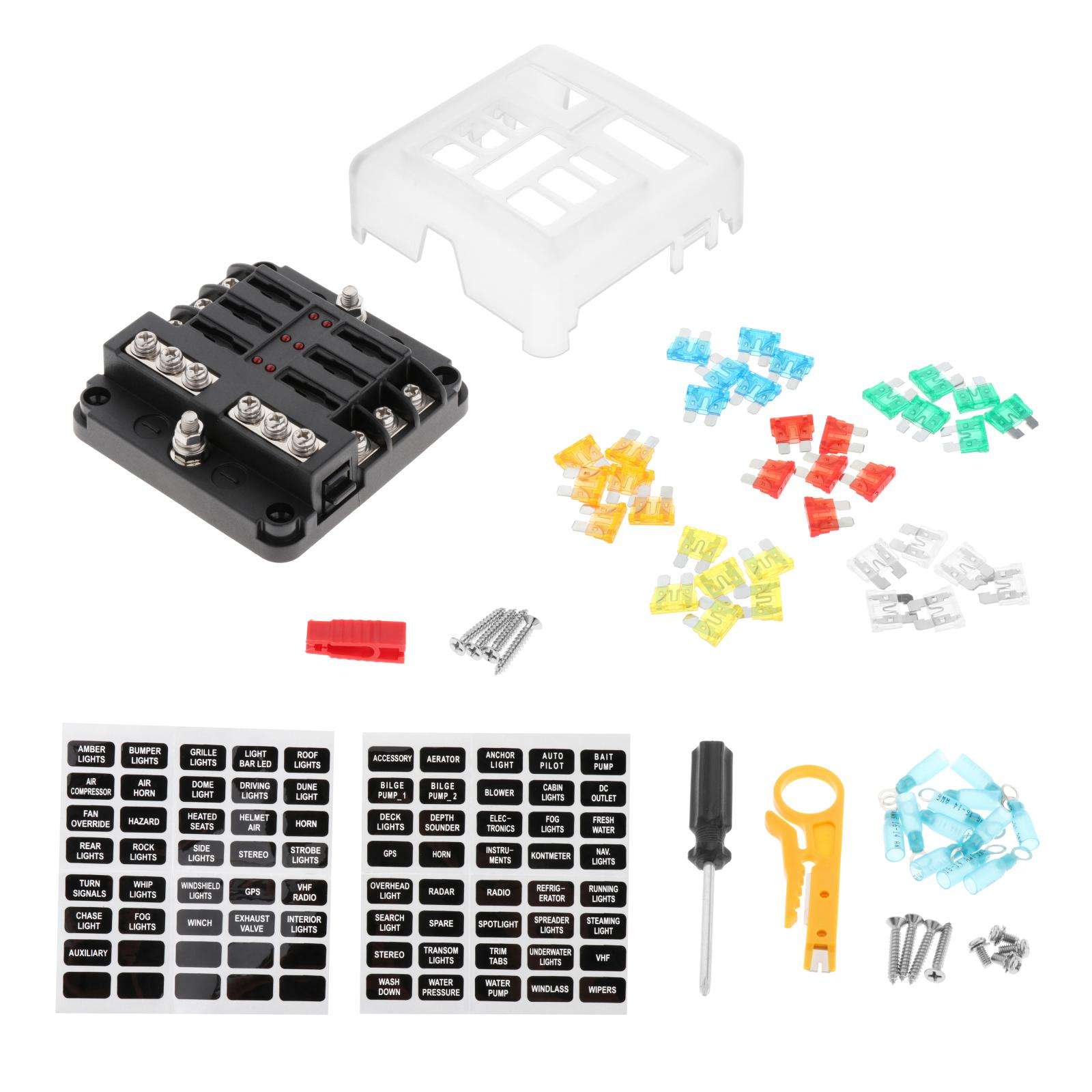 Car LED Fuse Box PBT with Protection Cover Damp-Proof Atc/Ato 6 Way Blade Fuse Block Fit for ship Automotive Yacht Truck RV Van