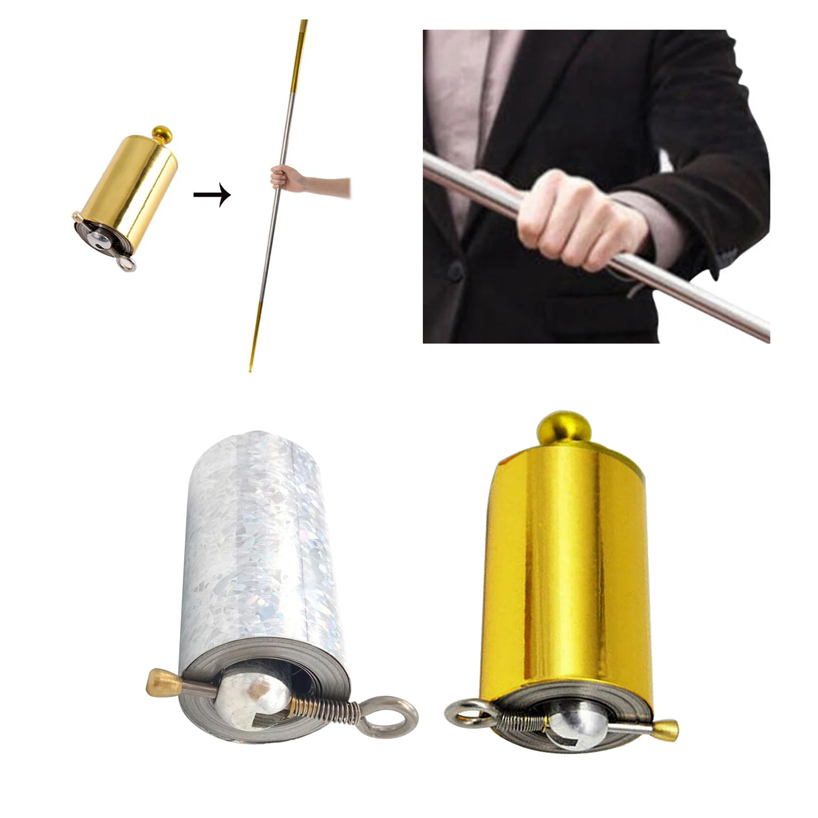 2Sets 110cm Golden Metal Appearing Cane with Teaching Cards, Pocket Staff magician Stage magician Trick for Amateur Beginners  