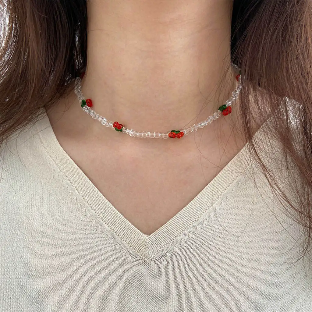 Sweet CHERRY Necklace Choker for Ladies Summer Beach Teens Summer Fruit Party Jewelry