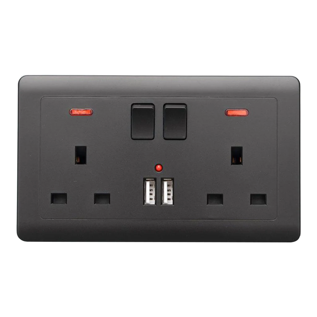 Double Wall UK Plug Socket 2 Gang 13A with 2 USB Charger Outlets, Black