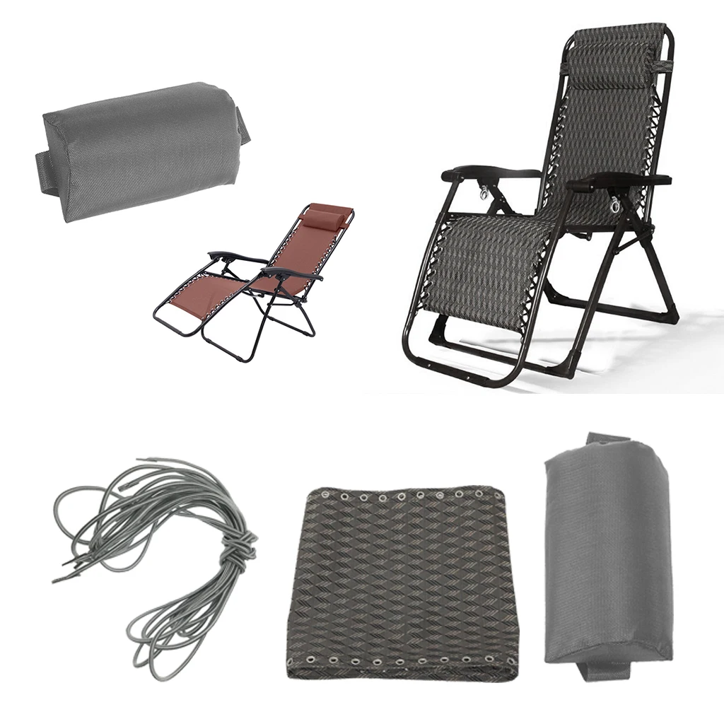 Folding Sling Chair Replacement Cloth with Head Relax Cushion & Laces for Garden Folding Recliner Lounge Patio Chair