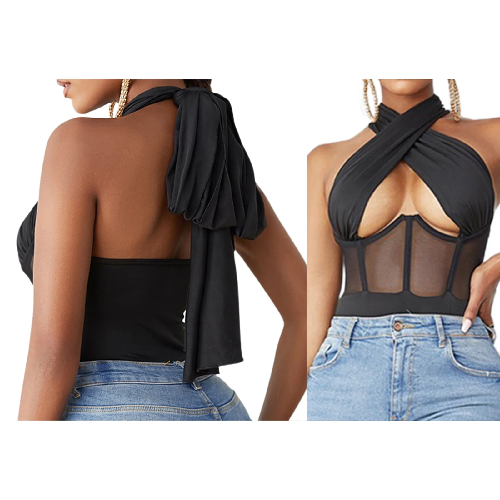 bikini cover up skirt Women Sexy Hollow Out Bodysuit,Black Solid Color Halter Neck Backless Wrapped Chest Stitching Mesh Slim Bodysuit,S/ M/ L bathing suit wrap skirt