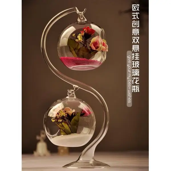2Set Hanging Glass Ball Flower Vases Hydroponic Terrarium With S Stand Decor