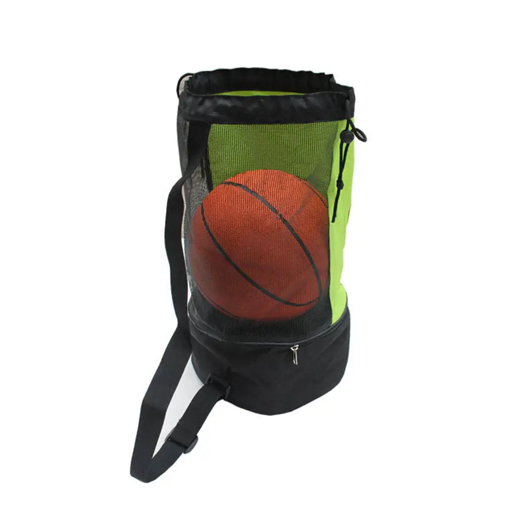 Mesh Drawstring Ball Bag with Pocket with Adjustable Shoulder Strap for Basketball Soccer Swimming Gears Volleyball Bag Outdoor