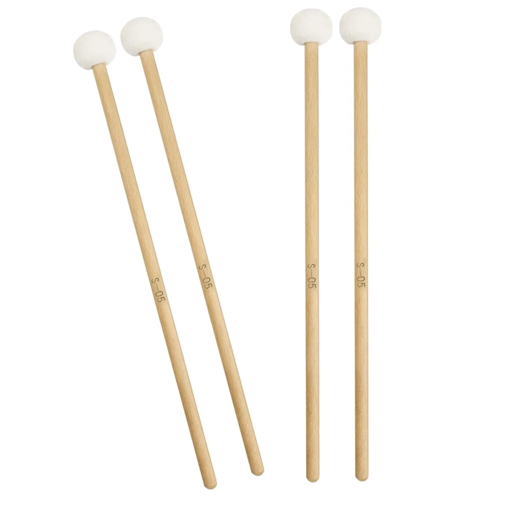 2 Pair 15 Inch Wood Handle Mallets Timpani Stick Multi-Purpose Felt Mallet Soft, Good Percussion Accessories