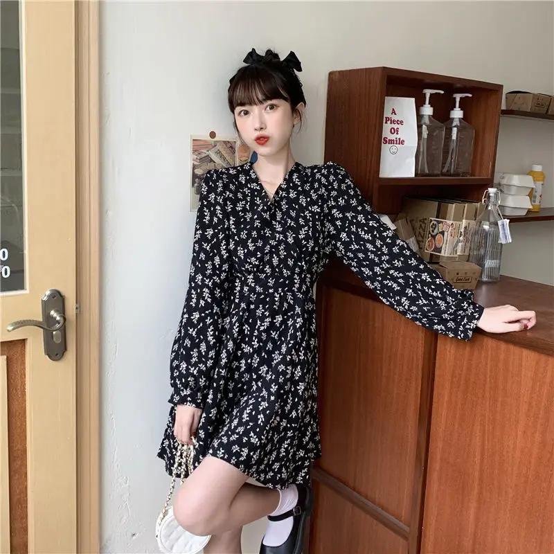 Spring Dress Women Plus Size Print V-neck Feminine Korean Style Elegant Leisure College All-match Trendy Ins Soft Design Chic mini dress