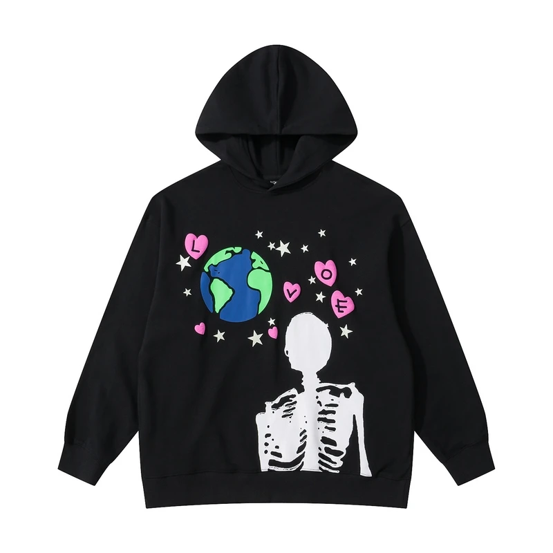 Cosmic Love Skeleton Hoodie: Retro Street Vibes with Earthly Affection for Men - true deals club