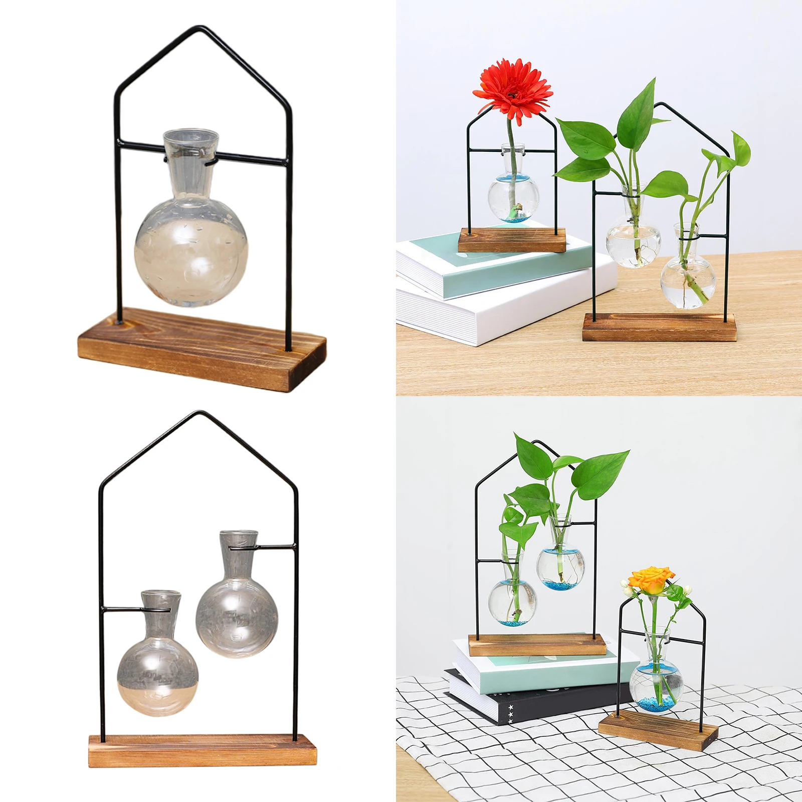 Plant Glass Vase Hydroponic Flower Pots with Wooden Stand Terrarium Home Decor
