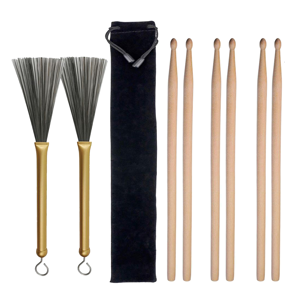 6pcs Wood Drum Sticks 5A Hard 2pcs Drum Wire Brushes Aluminum W/ Storage Bag