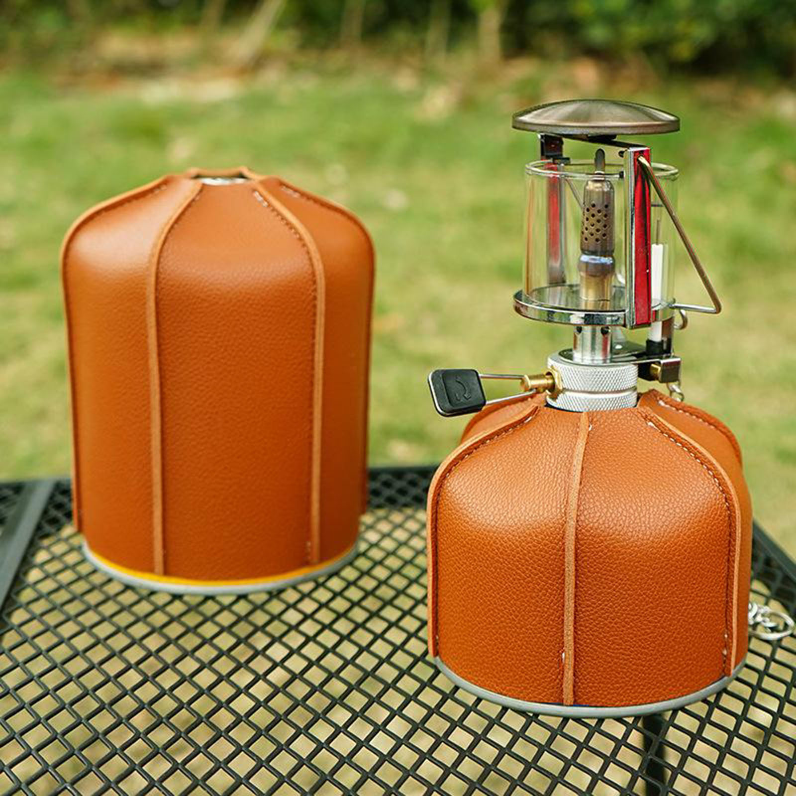 230G/450G Gas Canister Cover Brown PU Leather Retro Flat Gas Tank Fuel Cylinder Protective Case Bag for Camping Outdoor Hiking