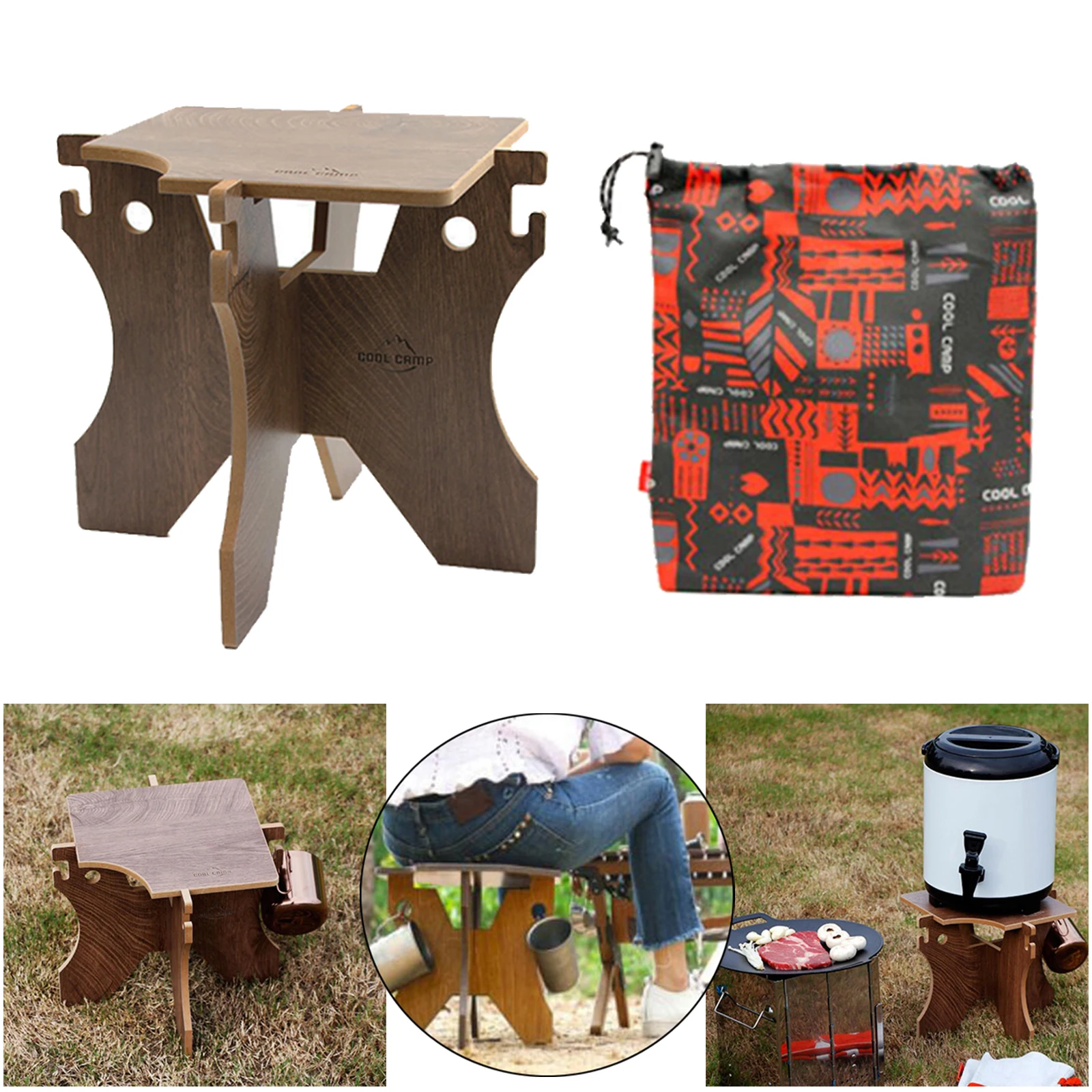 Foldable Camping Water Bucket Stand Wooden Detachable Buckets Holder Cooling Box Shelf Picnic Folding Stool
