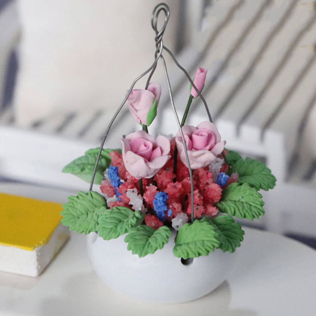 1:12 Doll House Potted Plants Miniature Basket Hanging Decoration Parts Gift