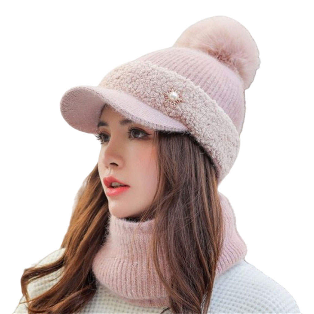 Women's Warm Beanie Hat Scarf Set, Knitted Wool Thick Visor Slouchy Skull Caps for Outdoor Ski, Cycling and Camping, Ladies
