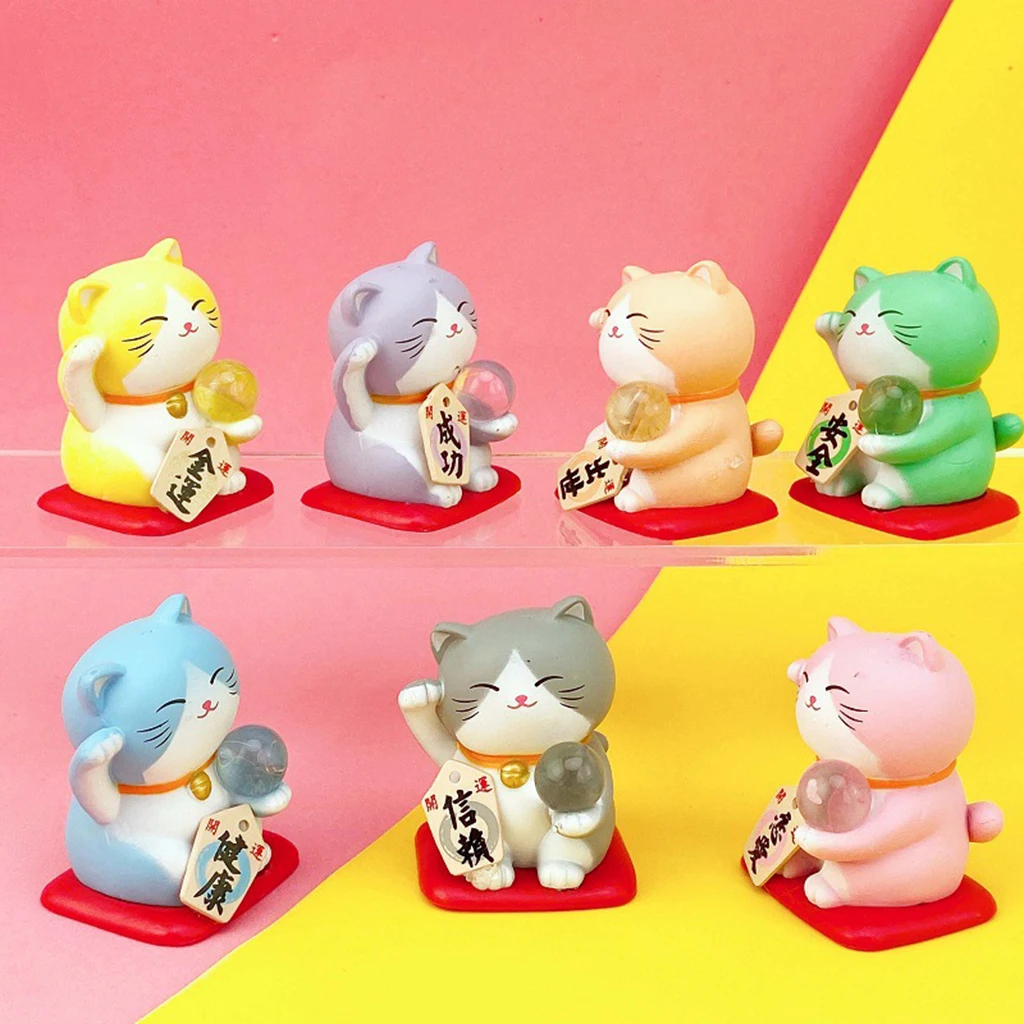 7pcs/Set Cat Figurine Ornament, Lucky Cat Feng Shui Decoration Car Decor Cake Topper Ornament, Shelf Sitter Statue Gift