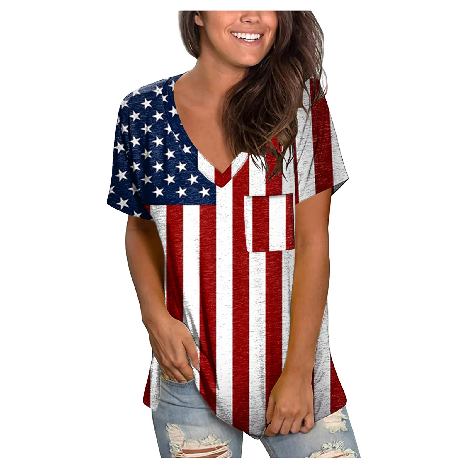 Womens Lace Stitching Back Cutout T Shirt USA Flag Print Short Sleeve V-Neck Blouse Independence Day Top Nmch M-3XL 
