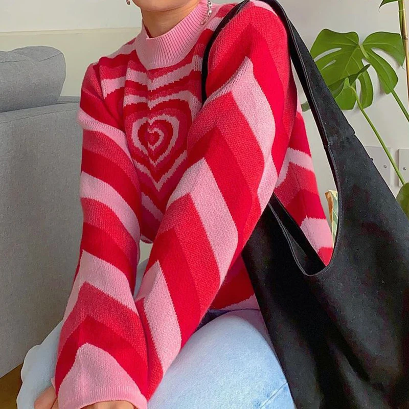 cropped sweater Y2K Aesthetics Heart Striped Turtleneck Pullovers E-girl Sweet Long Sleeve Hot Pink woman sweaters Harajuku 90s Knitwear Autumn cardigan