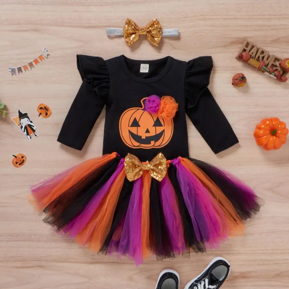 Baby Girls Halloween Clothes Set Long Sleeve Letter Printed Romper Multicolor Yarn Skirt Headdress Halloween Costume baby clothing set red	
