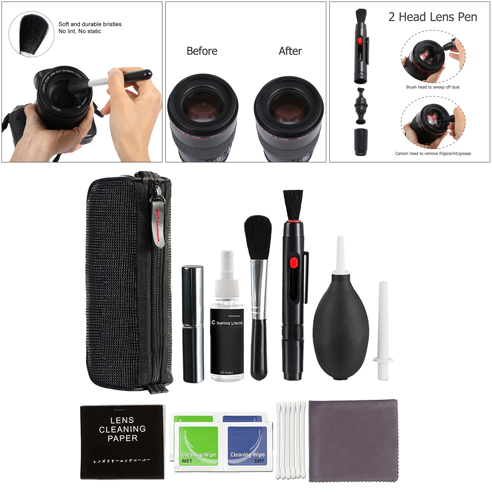 Camera Cleaning Kit with Carry Case, Including Blowing/Lens Cleaning Pen/Cleaning Brush/Cleaning Swabs/Cleaning Cloth