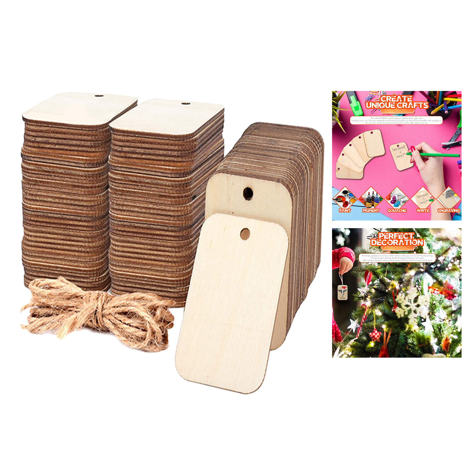 100Pcs Wood Pendant Decors Craft Natural Wooden Board with Holes Unfinished Wood Pendant for DIY Birthday Party Holiday