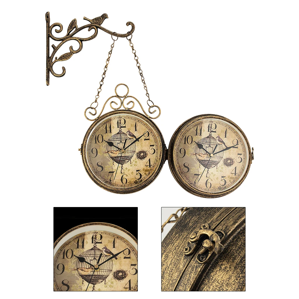 Double Sided Wall Clocks, Battery Powered Metal Vintage Style Clock Antique Circle Station Wall 2- Side Hanging Clock Wall Home