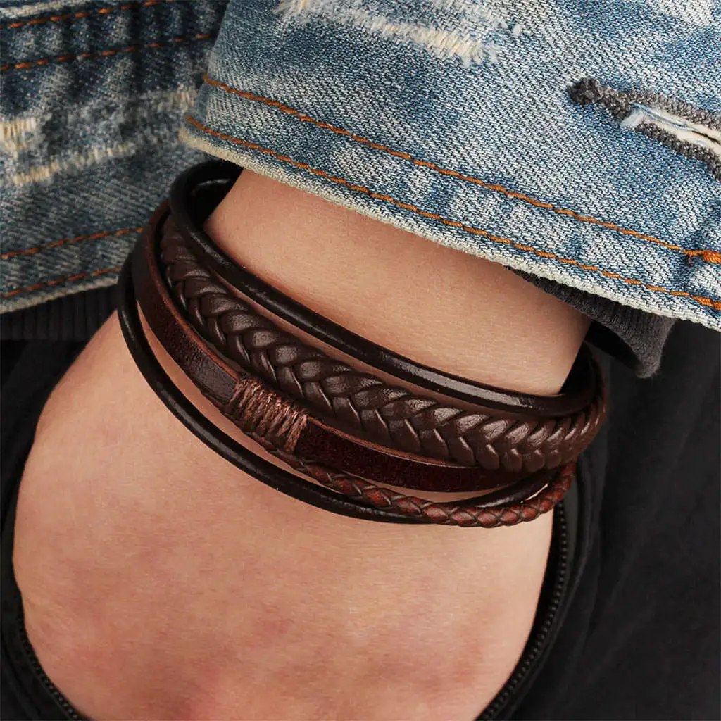 Punk Style Braided PU Leather Mens Bracelet 20cm Cuff Bangle Wristband Metal