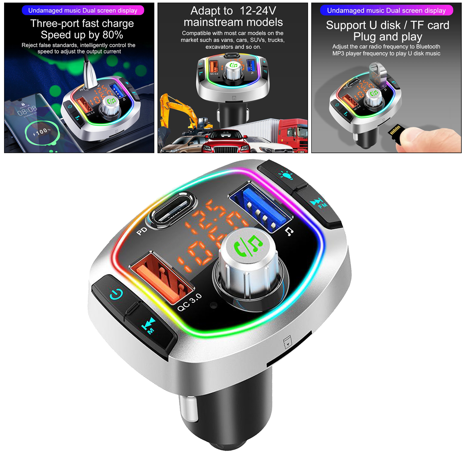 Car Bluetooth V5.0 FM Transmitter PD Fast Charge 6 RGB Color Backlit USB Drive U disk MP3 Player