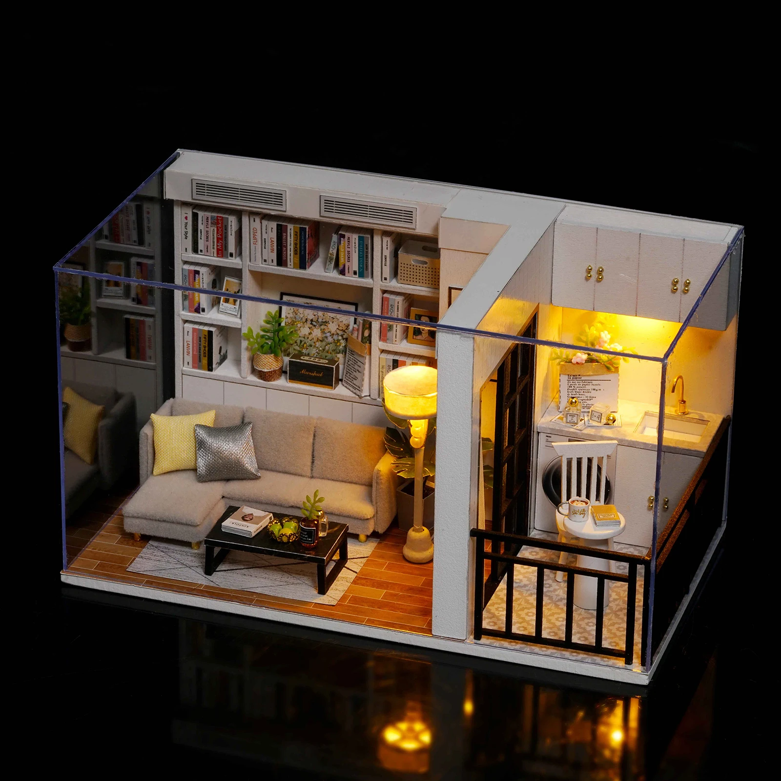 1:32 Wood Miniature LED Dolls House Building Cottage Living Room Dustproof Cover Kits Birthday Toys Gift