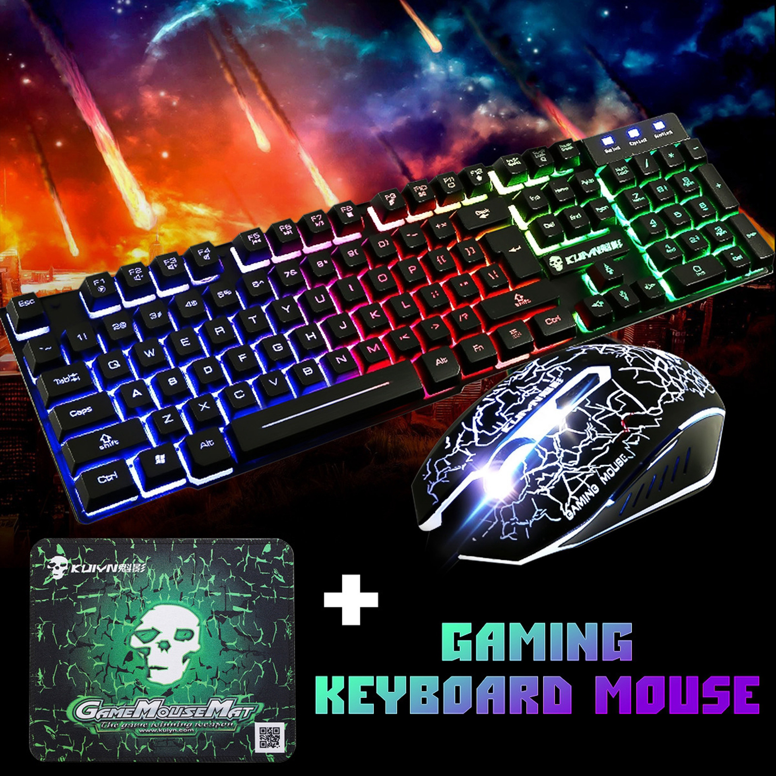 T6 Rainbow Backlit USB Wired Gaming Keyboard Mouse Pad Set for PS4/PS3//PC New