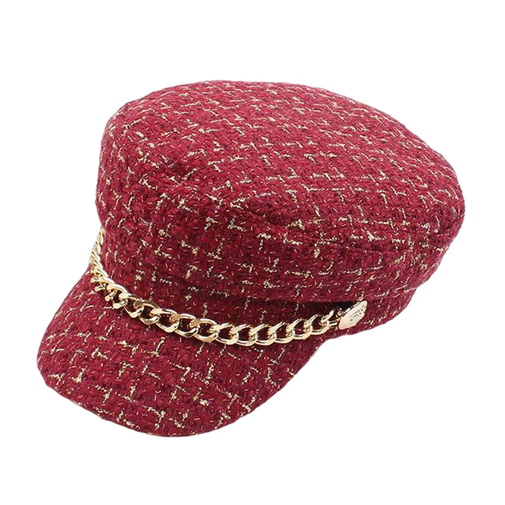 Women Plaid-Tweed Newsboy Hat Captain-Sailor Fisherman Hat Peaked-Beret Cap with Chain Women Plaid-Tweed Newsboy Hat Captain-Sailor Fisherman Hat Peaked-Beret Cap with Chain