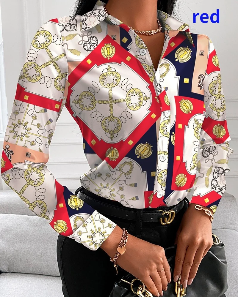 New Women's Long Sleeve V-neck Buttons Printing Shirt Fashion Lapel Office Graphic T Shirts Casual Loose Printed Party Tops red t shirt