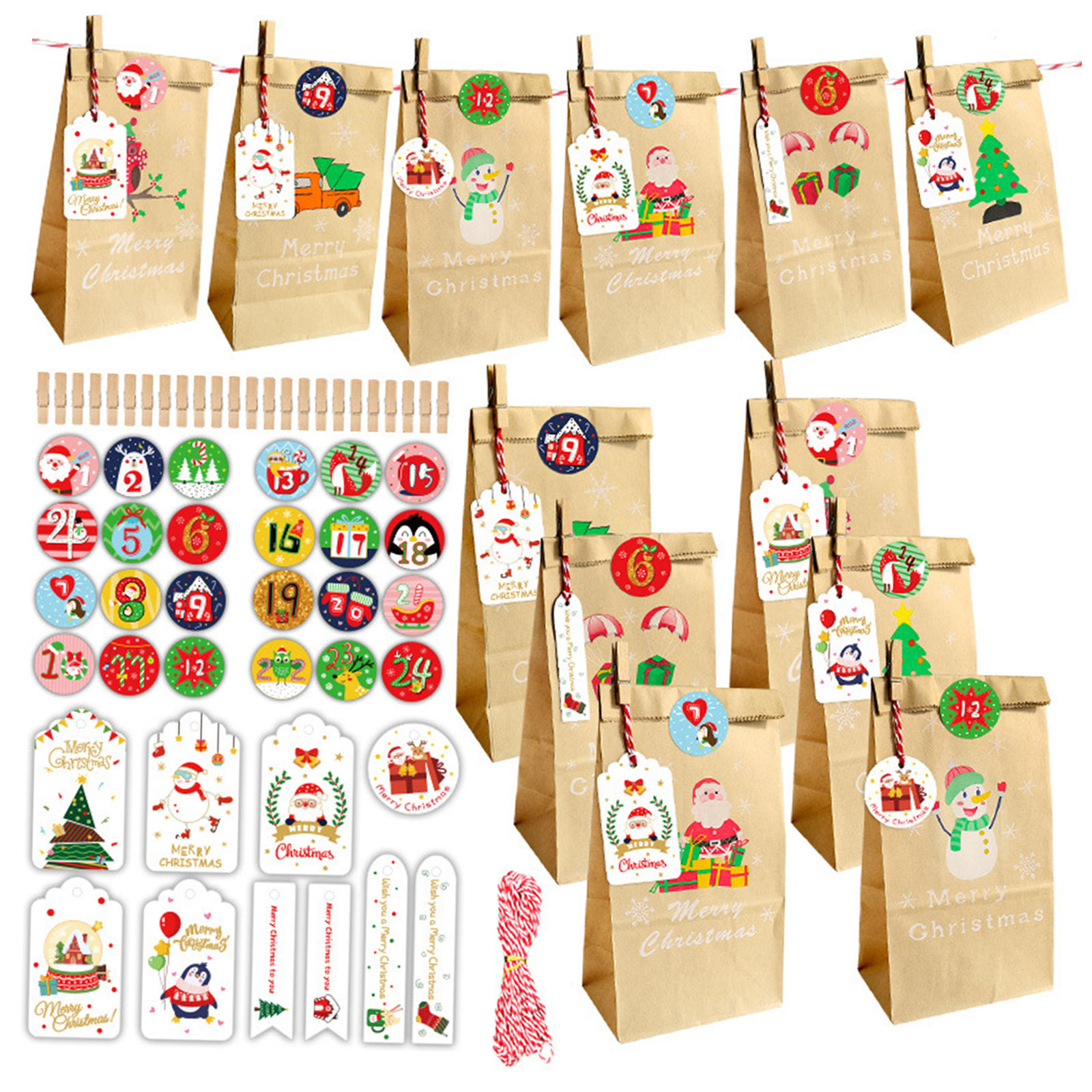 Leaking Bags with Advent Calendar with Christmas Stickers for Party