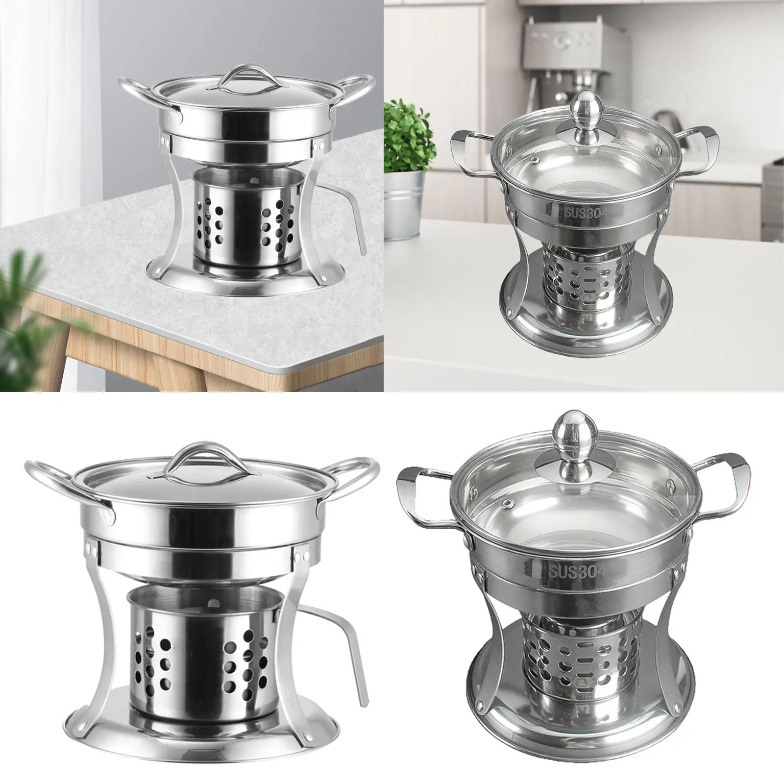 Hot Pot Stainless Steel Chafing Dish Pot Single Mini Cooking Pot Alcohol Burner for Indoor Camping Picnic