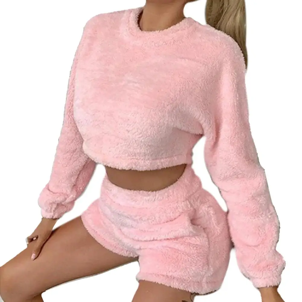 Short Sets Women Casual Fashion Leisure elegance Solid Color Plush O-neck Long Sleeve Sweater Shorts Suit Women's Clothing 2021 red lingerie set