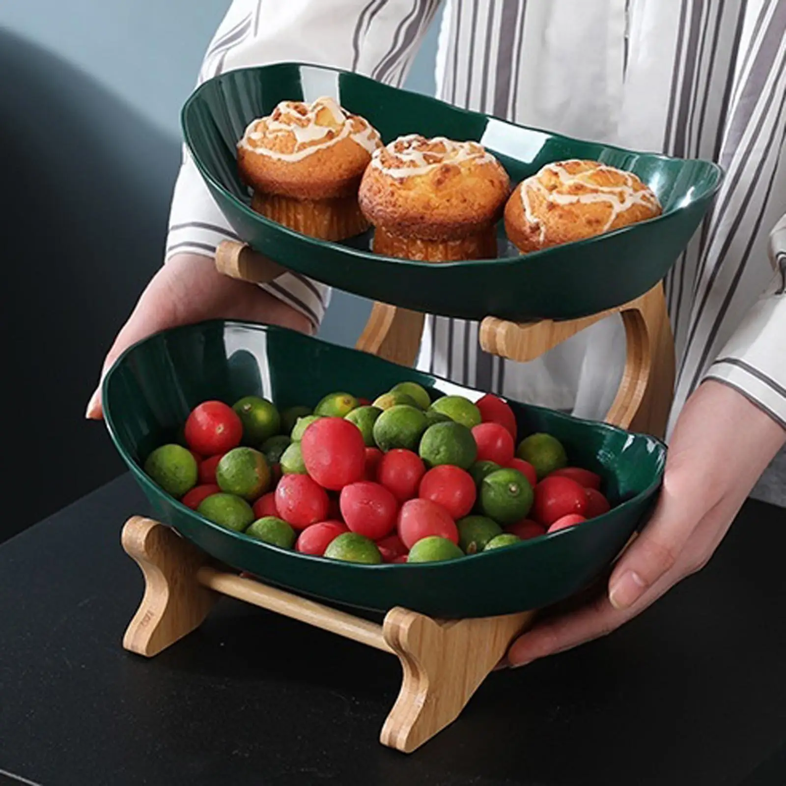 Tiered Fruit Plate Oval Bowl with Wood Holder Rack, Display for Candy, Fruit and
