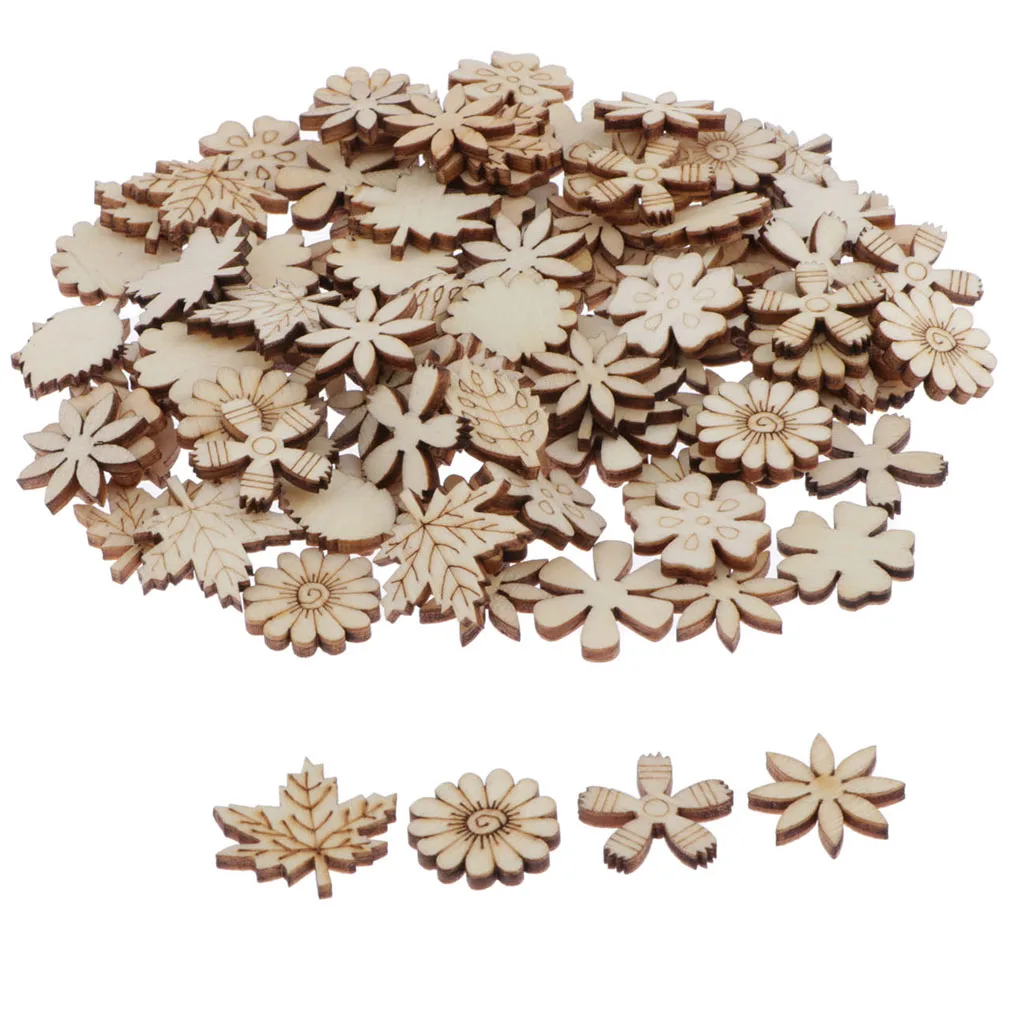 100pcs Wooden Flowers and Leaves Embellishment Wooden Shape Wood Slices Craft for DIY Wedding Christmas Decoration