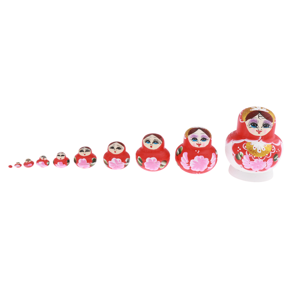 Lot of 10 Babushka Russian Stackable Wooden Dolls for Walnut - Red And
