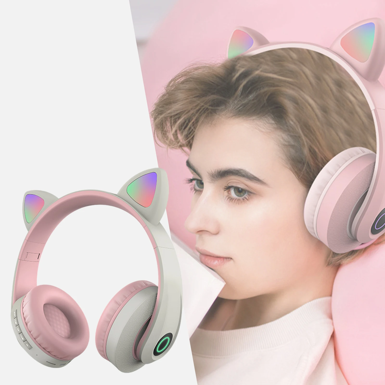 USB Cat Ear Surround Sound Wiredless Headset Headphones Bluetooth Control Noise Canceling Lightweight for Computer Games Laptop