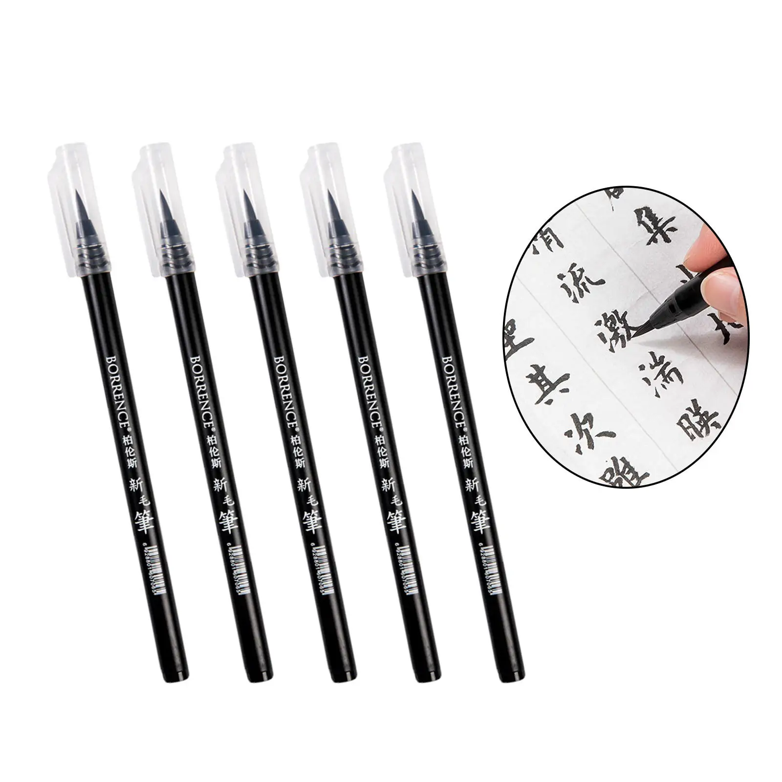 5Pcs Soft Brush Pen Black Waterproof Compact Plastic Shaft Synthetic Art Drawing Writing Lettering for Artist Painting Brush Set