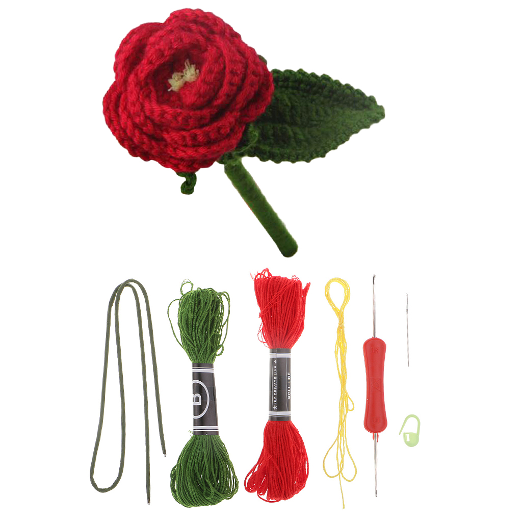 1 Set Red Flower Amigurumi Crochet Knitting Kit Includes: Cotton Yarn, Crochet