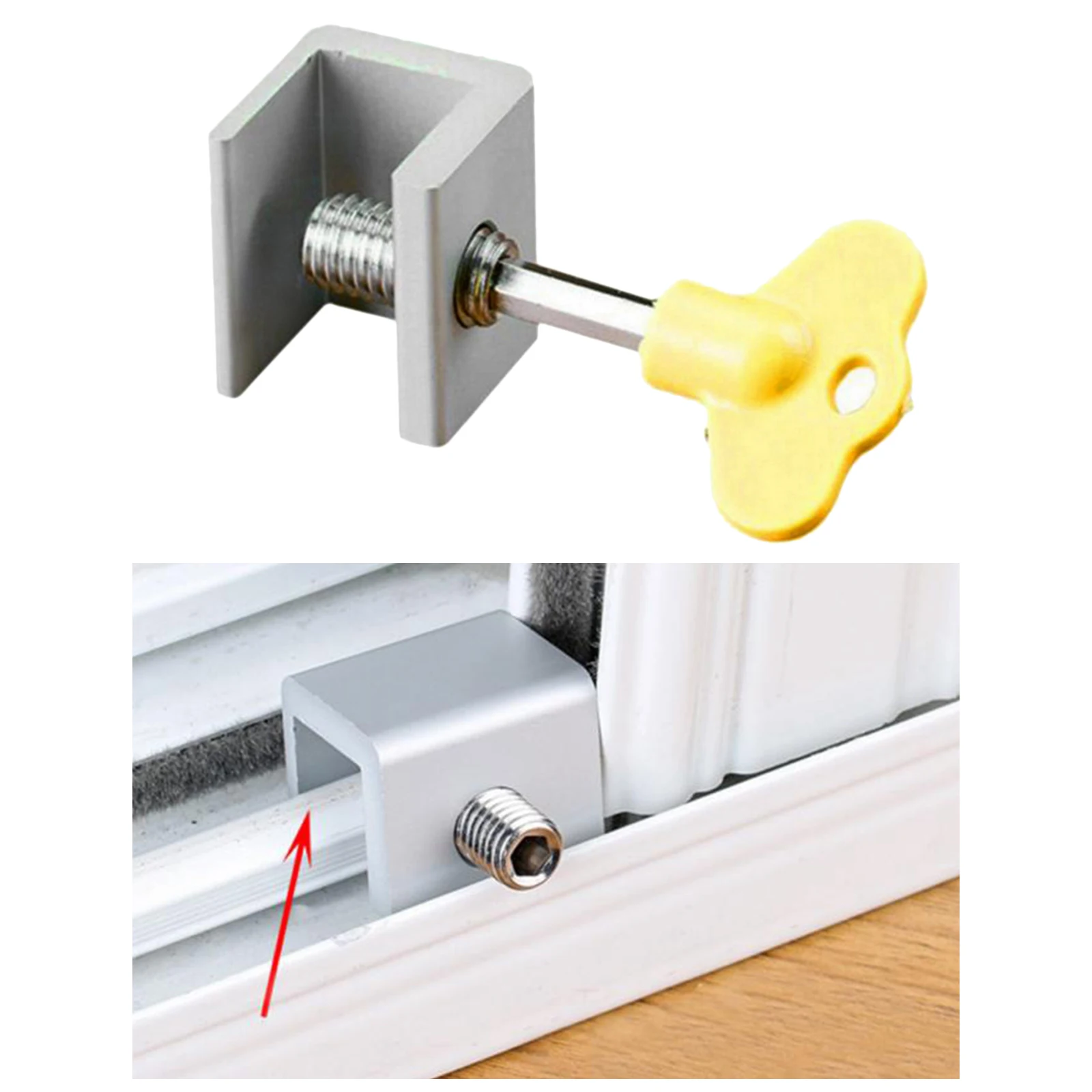 Household Window Sliding Lock Door Window Lock w/ Key Safety Key Lock Silver