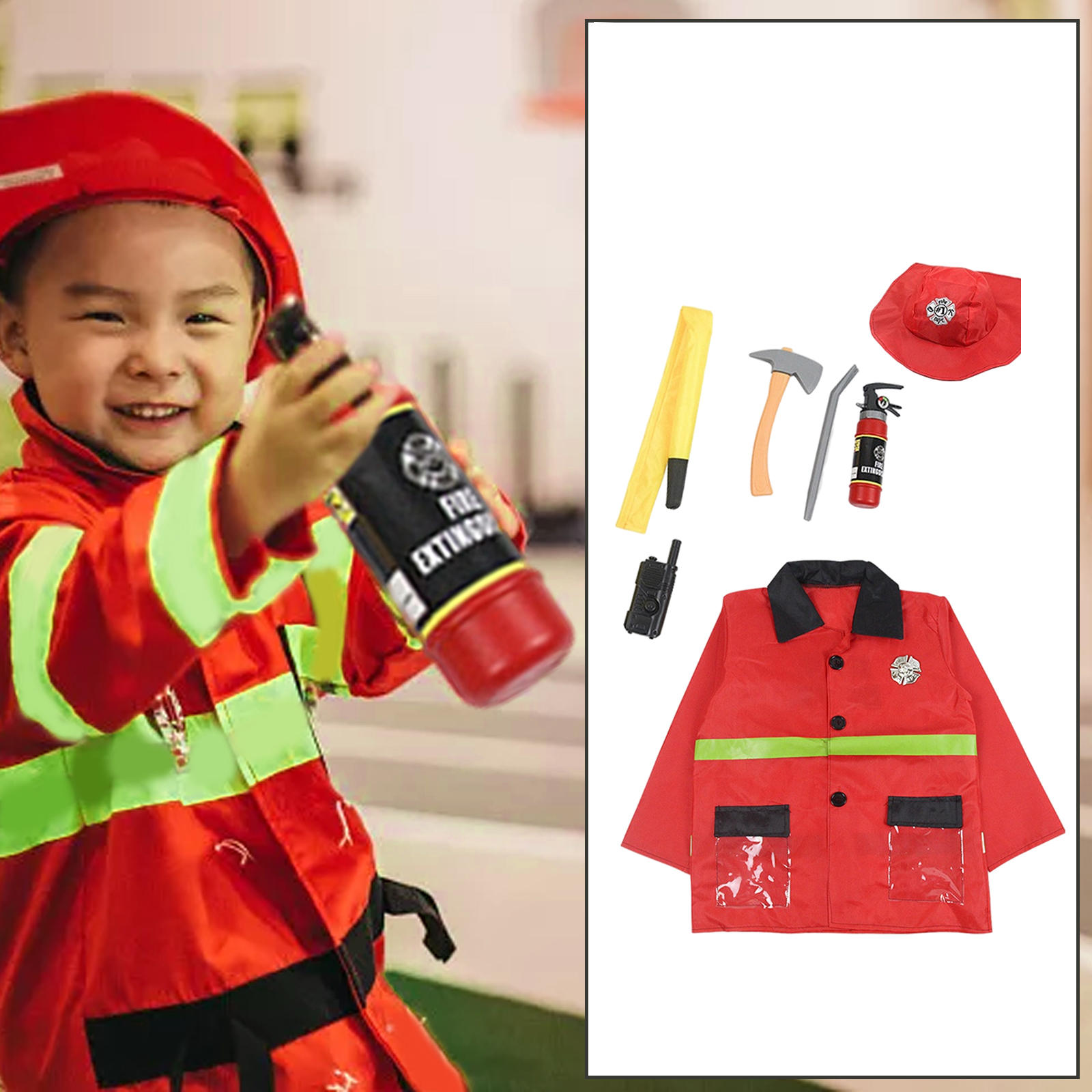 Fireman Costume Cosplay Firefighter Role-Play for Halloween 100-130cm Kids Girls Boys
