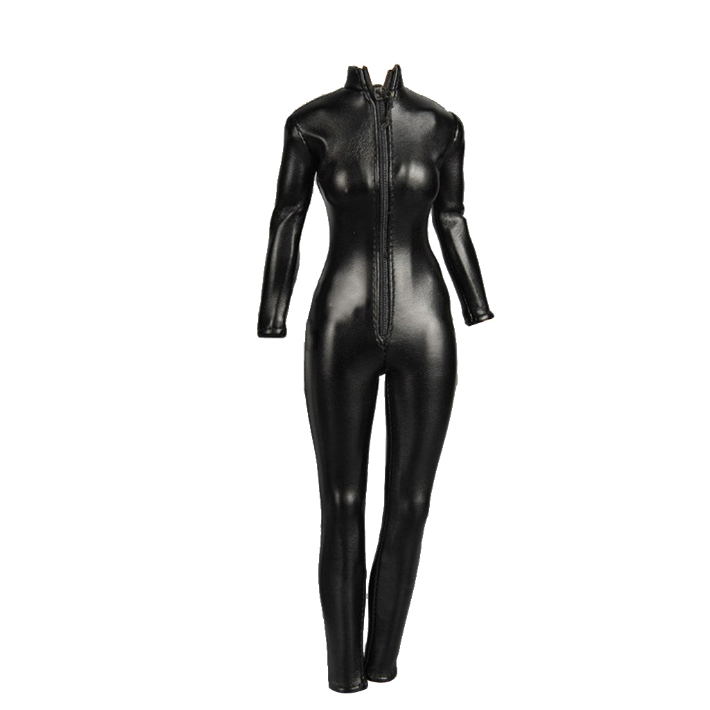 Cool 1/6 Scale Female Clothes Outfit Black Faux Leather Catsuit Jumpsuit for Doll Toy