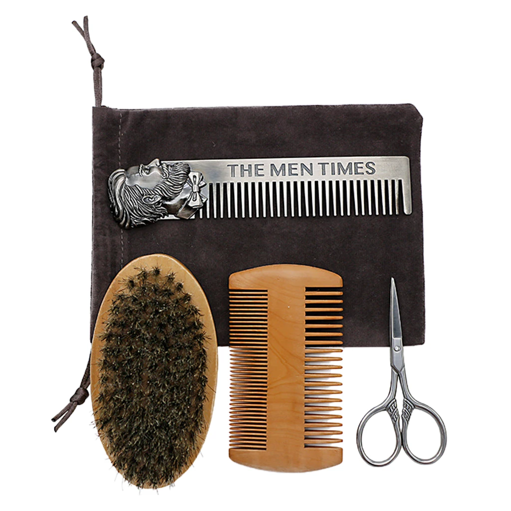 4Pcs/kit High-end Handmade Wooden Beard Brush Soft Bristles Detangling Comb 2 Ways Fine Wide Tooth Comb