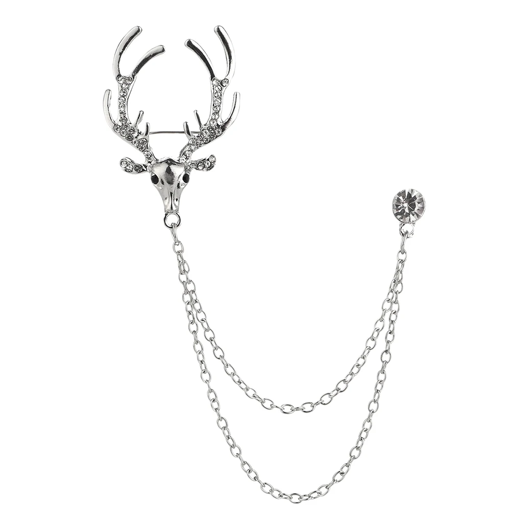 Men`s Elegant Lapel Pin Badge with Chains Deer Brooch Pin for Suit Tuxedo
